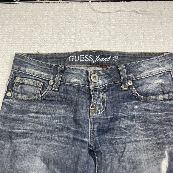 Y2K GUESS Jeans Sz 24 Distressed Low Rise STARLET Skinny Leg Dark Blue - Picture 5 of 15
